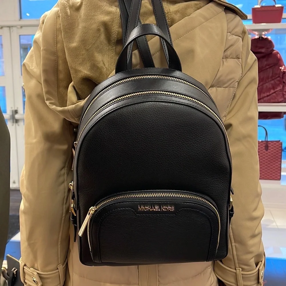 MICHAEL KORS Jaycee Medium zip pocket Pebbled Leather Backpack BLACK col…